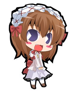 suntail, ushiromiya maria, umineko no naku koro ni, lowres, 00s, 1girl, blush, blush stickers, bow, brown hair, chibi, dress, fang, female focus, frills, pac-man eyes, solo