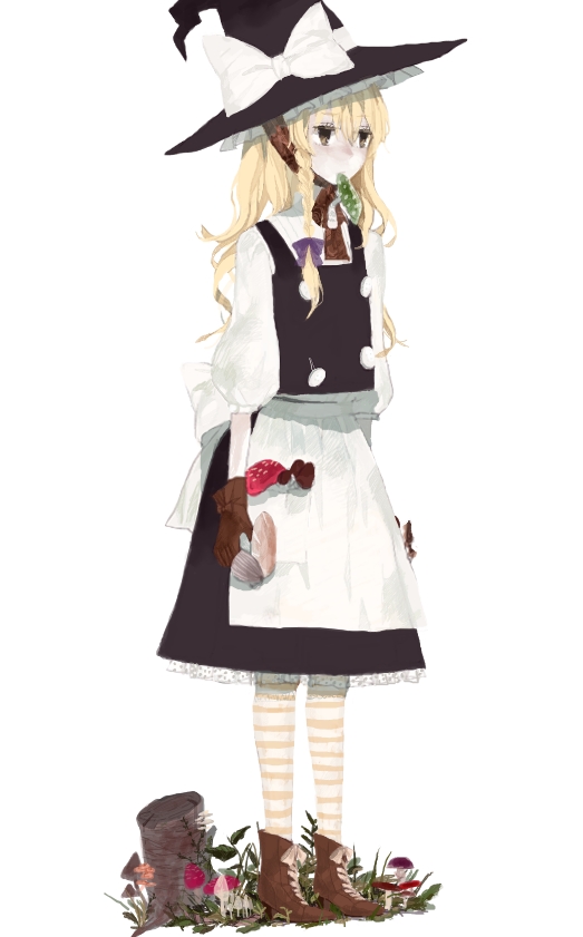 hm (artist), slash (syrh3ee), kirisame marisa, touhou, bad id, bad pixiv id, 1girl, blonde hair, boots, brown eyes, female focus, hat, mushroom, socks, solo, striped clothes, striped socks, witch, witch hat