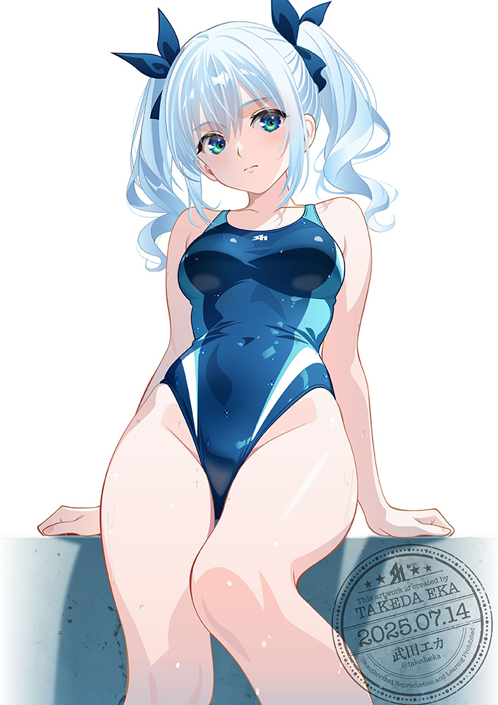 takeda eka, original, commentary, english commentary, 1girl, bloom, blue eyes, blue ribbon, breasts, closed mouth, competition swimsuit, covered navel, expressionless, green eyes, green one-piece swimsuit, groin, hair between eyes, hair ribbon, highleg, highleg one-piece swimsuit, large breasts, looking at viewer, medium hair, one-piece swimsuit, ribbon, short twintails, simple background, solo, swimsuit, twintails, white background