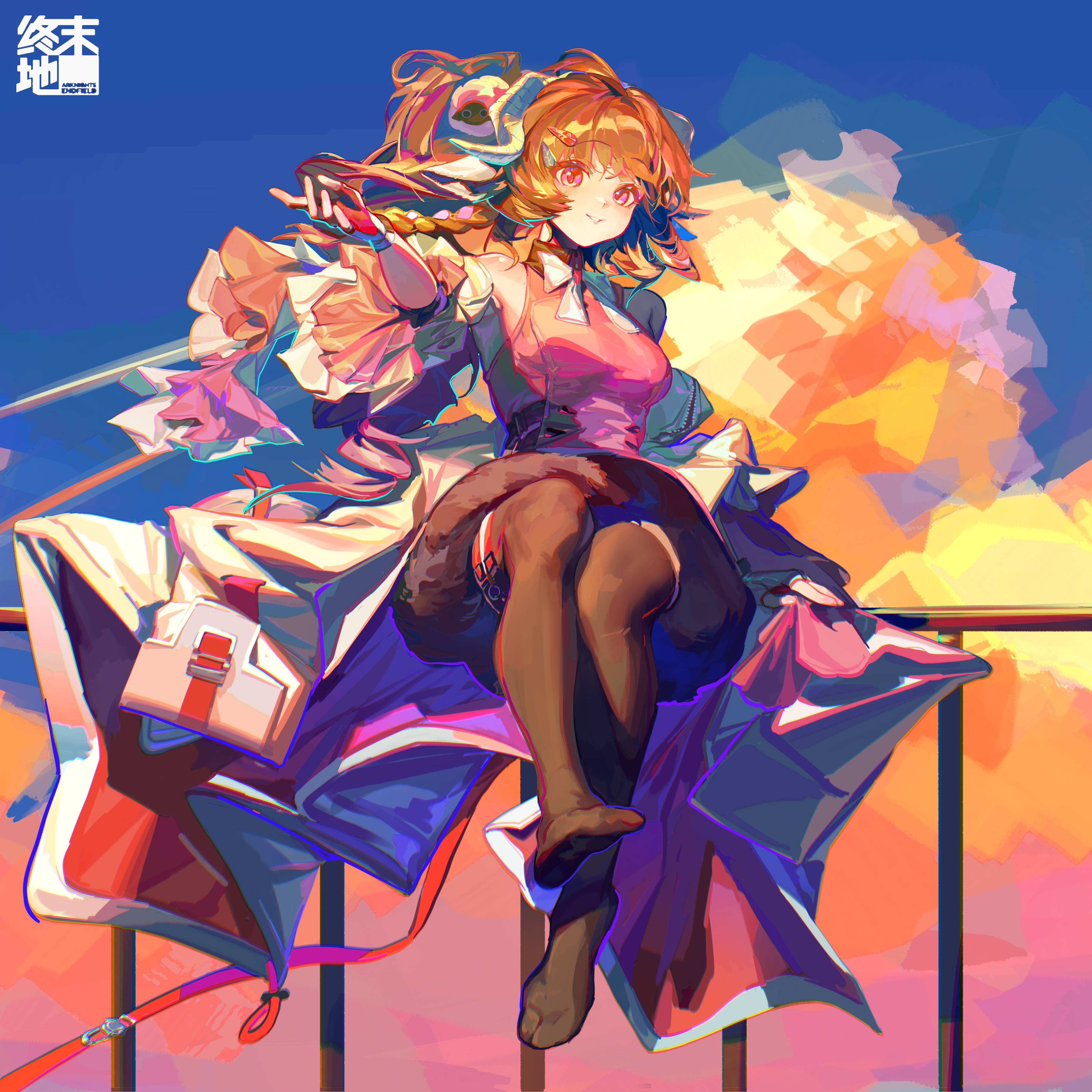 jian jia, eyjafjalla (arknights), arknights, arknights: endfield, absurdres, highres, 1girl, animal ears, ardelia (arknights), braid, brown hair, brown thighhighs, cloud, copyright logo, curled horns, fingerless gloves, gloves, hair ornament, hairclip, horns, logo, looking at viewer, no shoes, on railing, outdoors, parted lips, pink eyes, railing, sheep ears, sheep girl, sheep hair ornament, sheep horns, sitting, solo, thighhighs