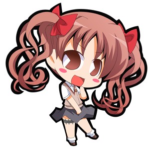 suntail, shirai kuroko, toaru kagaku no railgun, toaru majutsu no index, lowres, 00s, 1girl, blush, blush stickers, bow, brown eyes, brown hair, chibi, female focus, full body, hair bow, long hair, pac-man eyes, school uniform, short hair, simple background, skirt, socks, solo, sweater vest, thigh strap, twintails