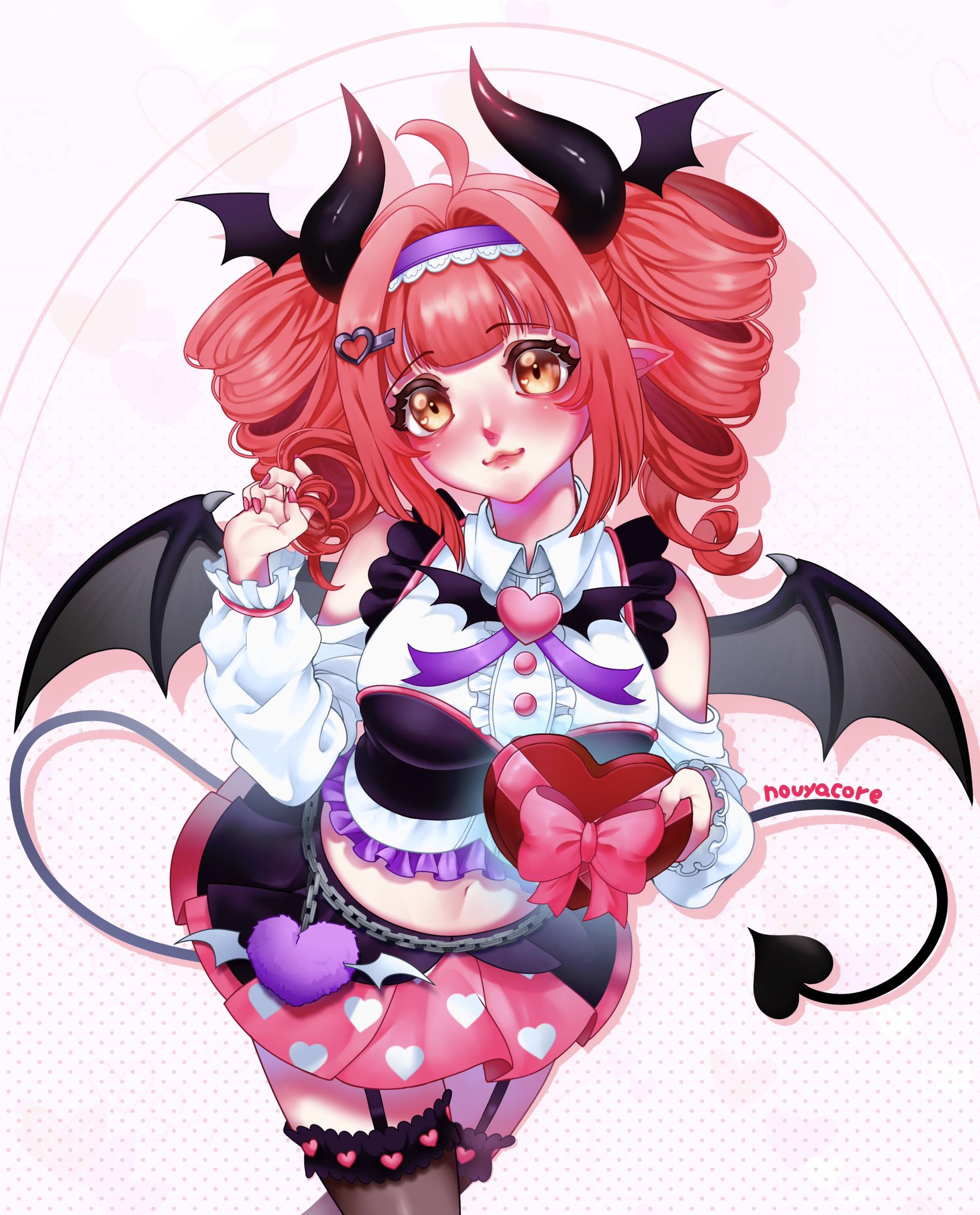 nouyacore, cozychuu, indie virtual youtuber, 1girl, 2025, blush, demon girl, demon tail, demon wings, horns, pointy ears, red hair, solo, tail, valentine, white background, wings