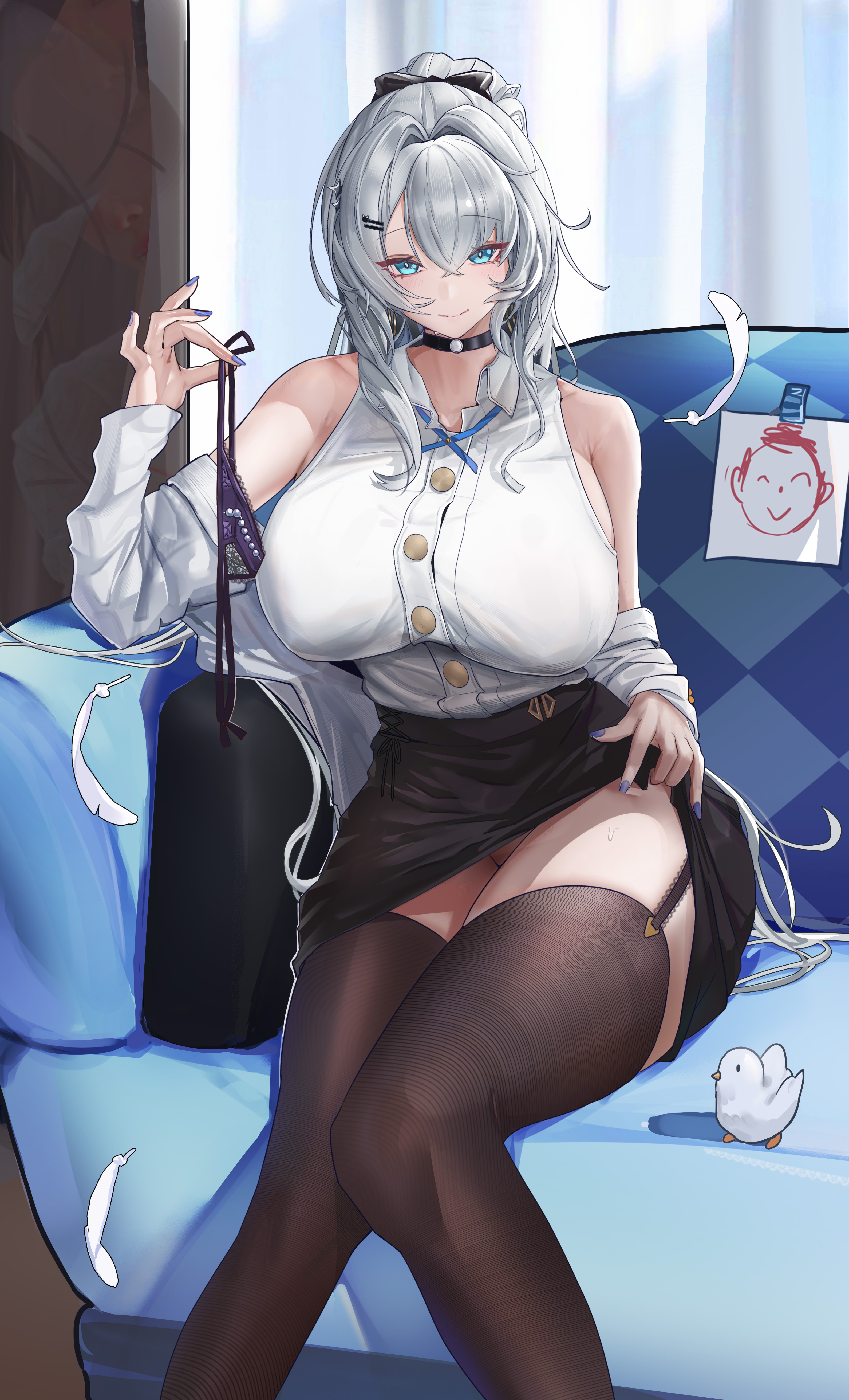 sanseki-hahn, doodle sensei (blue archive), female sensei (blue archive), sensei (blue archive), blue archive, original, absurdres, commentary request, highres, 1girl, beads, bird, black choker, black skirt, black thighhighs, blue eyes, blue nails, breasts, buttons, choker, closed mouth, clothes lift, collared shirt, couch, crossed bangs, falling feathers, feathers, fine fabric emphasis, garter straps, glint, grey hair, hair between eyes, hair intakes, hair ornament, hairclip, hand up, holding, holding panties, holding underwear, holding unworn clothes, indoors, jacket, large breasts, light blush, long hair, long sleeves, looking at viewer, miniskirt, nail polish, off shoulder, office lady, on couch, open clothes, open jacket, panties, paper, parallel hairclips, pencil skirt, pillow, purple panties, shirt, shirt tucked in, sidelocks, sitting, skirt, skirt lift, sleeveless, sleeveless shirt, smile, solo, string panties, thighhighs, thighs, underwear, unworn panties, very long hair, white jacket, white shirt, window