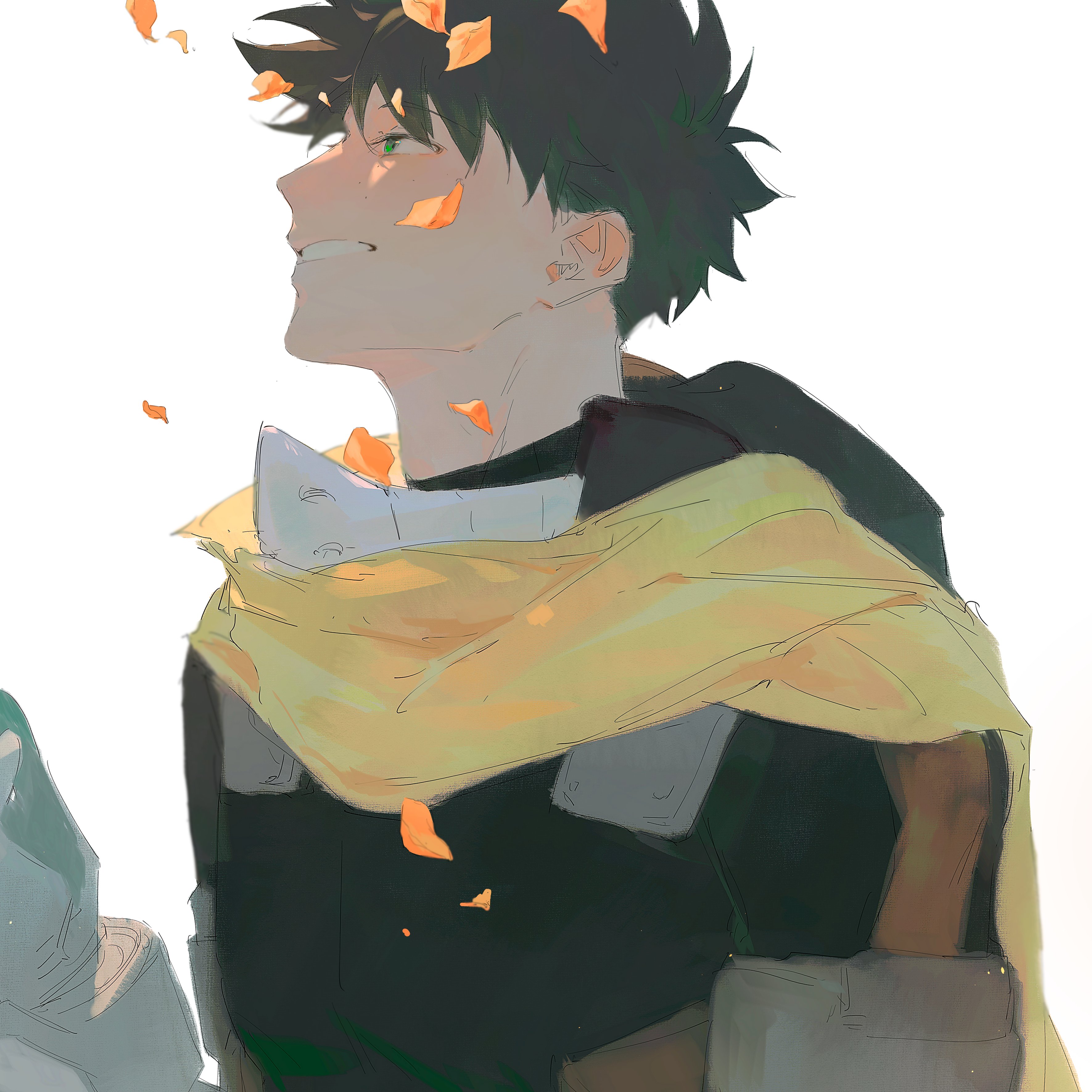 midoriya izuku, boku no hero academia, absurdres, hashtag-only commentary, highres, 1boy, aoi93438363, cape, freckles, green eyes, green hair, leaf, male focus, short hair, simple background, smile, solo, superhero costume, upper body, white background, yellow cape