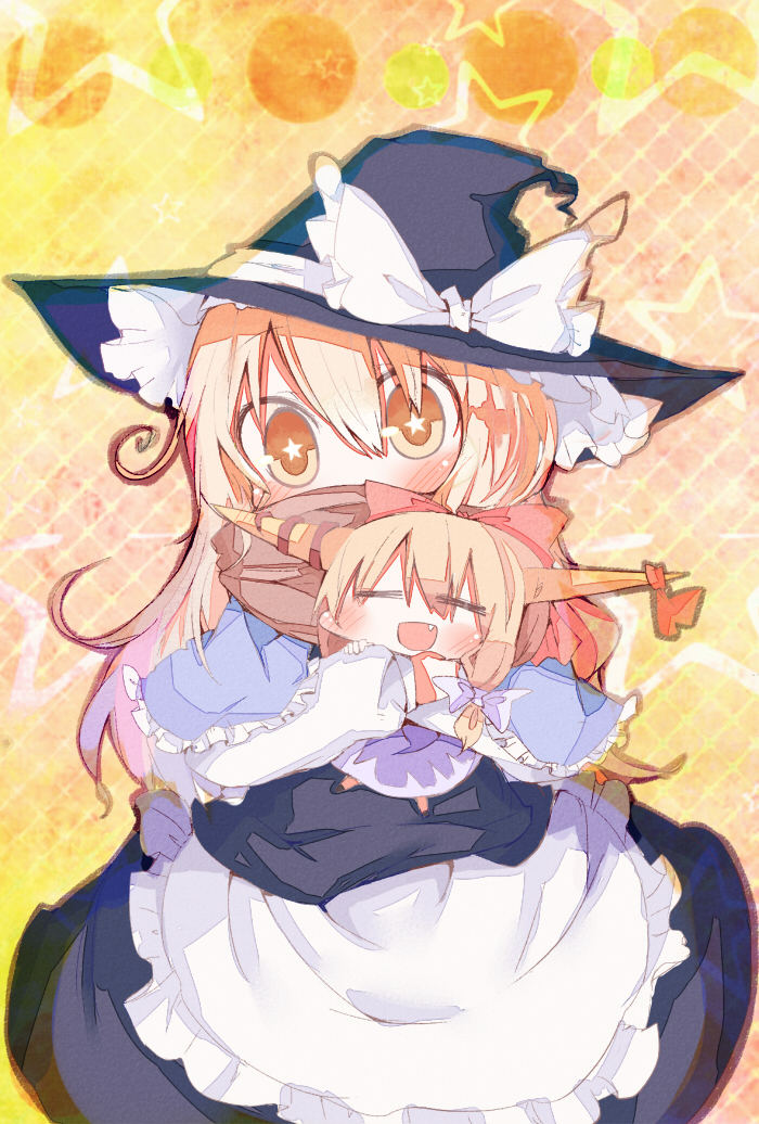 yatani row, ibuki suika, kirisame marisa, touhou, bad id, bad pixiv id, + +, 2girls, :d, = =, apron, blonde hair, bow, capelet, fang, female focus, hair bow, happy, hat, holding, horns, looking at viewer, mini person, minigirl, multiple girls, open mouth, smile, waist apron, witch hat