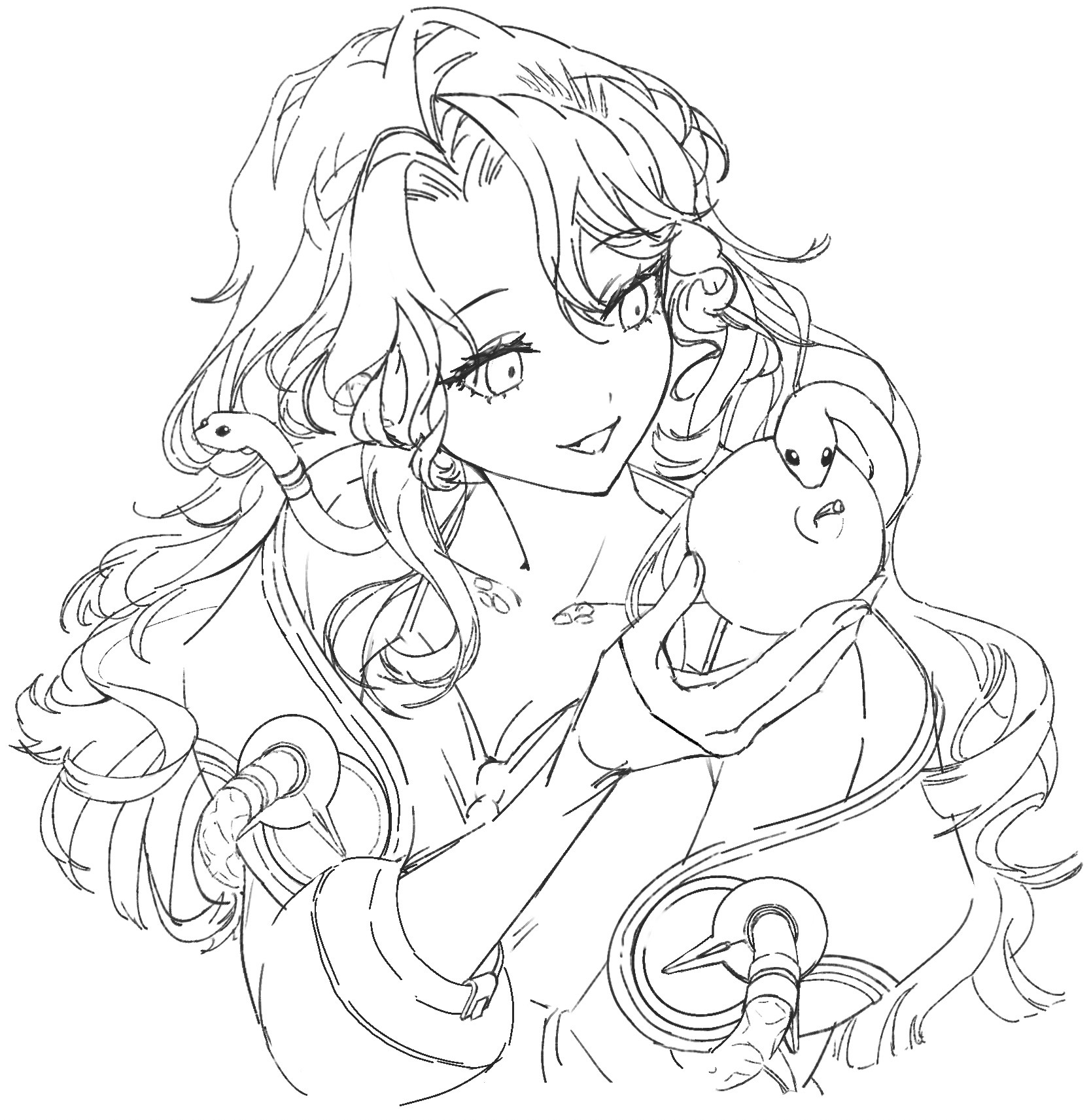 nnicoinu, hissabeth, reverse:1999, commentary request, highres, :d, apple, breasts, cleavage, dress, food, fruit, greyscale, holding, holding food, holding fruit, jacket, lineart, long hair, looking at animal, looking to the side, monochrome, open mouth, sleeveless, sleeveless dress, smile, snake, snake on head, spaghetti strap, turning head