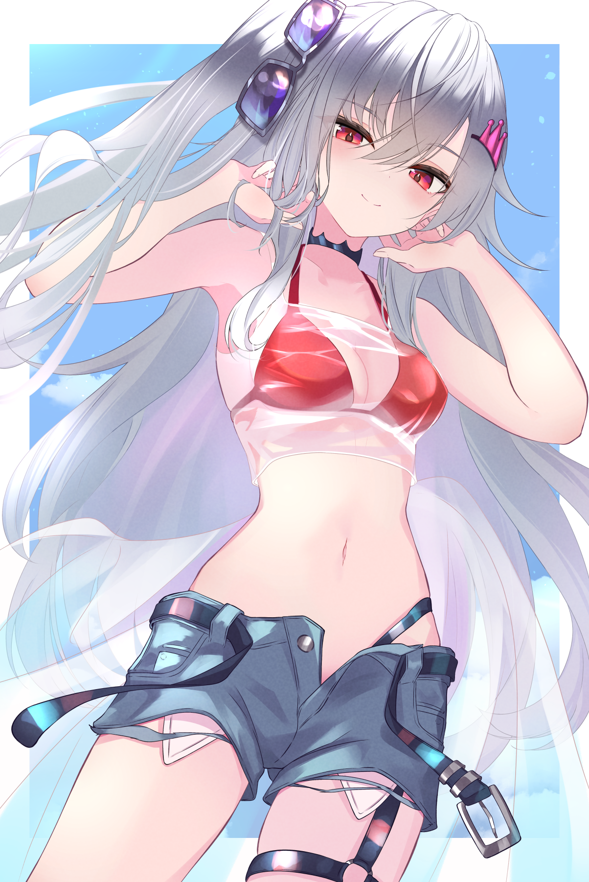 nishiki yuno, isaki riona, isaki riona (holonatsu paradise), hololive, hololive dev is, commentary request, highres, 1girl, belt, bikini, breasts, crown hair ornament, grey hair, hair ornament, long hair, medium breasts, navel, open belt, red bikini, red eyes, see-through clothes, see-through shirt, shirt, short shorts, shorts, smile, sunglasses, swimsuit, virtual youtuber