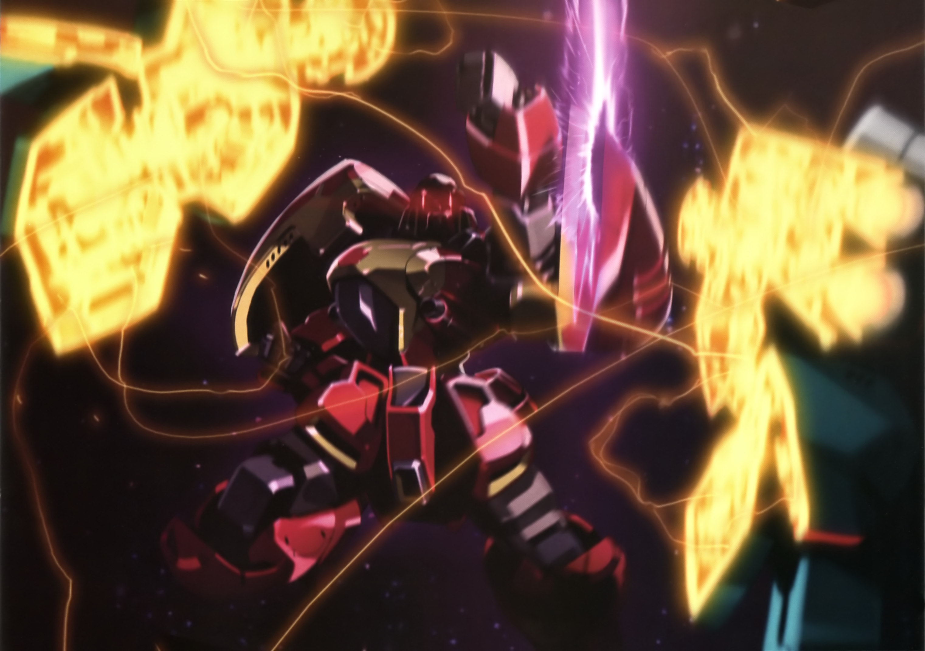 javelin (gundam), gundam, victory gundam, artist request, highres, magazine scan, official art, promotional art, scan, traditional media, 1990s (style), beam shield, damaged, destruction, duel, energy, glowing hot, gundam perfect file, machinery, mecha, mecha focus, mobile suit, motion blur, no humans, red eyes, retro artstyle, robot, scene reference, science fiction, severed limb, space, zanscare, zero gravity, zoloat