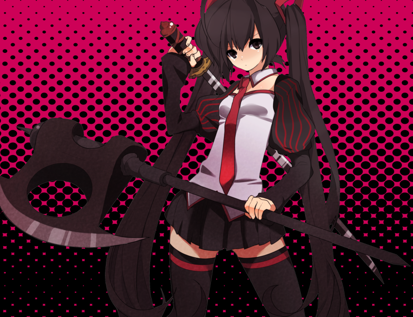 pipetto, zatsune miku, vocaloid, 1girl, axe, black eyes, black hair, female focus, halftone, halftone background, long hair, necktie, skirt, solo, sword, thighhighs, twintails, very long hair, weapon, zettai ryouiki