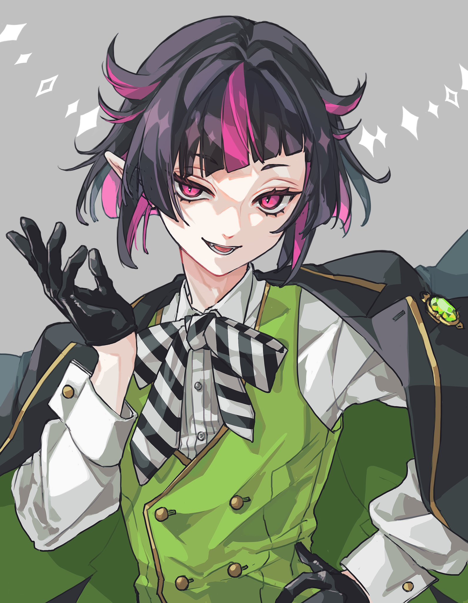 lilia vanrouge, twisted wonderland, commentary, highres, symbol-only commentary, 1boy, arm up, black gloves, black hair, bow, buttons, eyelashes, gem, gloves, gold trim, green gem, green vest, hand on own hip, jacket, lapels, long sleeves, male focus, multicolored hair, notched lapels, open clothes, open jacket, open mouth, pink eyes, pink hair, pointy ears, shirt, sleeve cuffs, slit pupils, solo, streaked hair, striped bow, upper body, vest, white shirt, yukino0ekaki