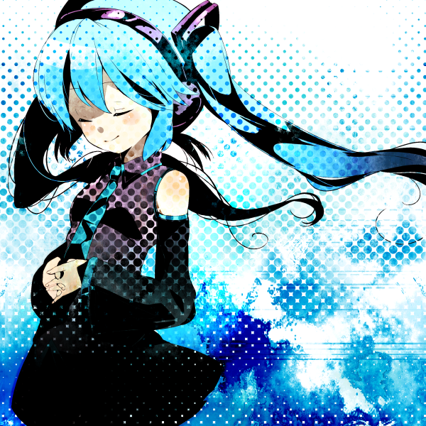 pipetto, hatsune miku, vocaloid, 1girl, aqua hair, closed eyes, detached sleeves, female focus, headphones, long hair, necktie, smile, solo, twintails