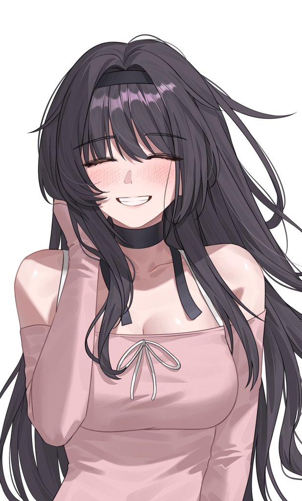 katrinabluuuuu, waguri kaoruko, kaoru hana wa rin to saku, commentary, 1girl, bare shoulders, black choker, black hair, black hairband, breasts, choker, closed eyes, facing viewer, grin, hairband, hand on own cheek, hand on own face, long hair, long sleeves, medium breasts, pink shirt, shirt, simple background, smile, solo, upper body, white background