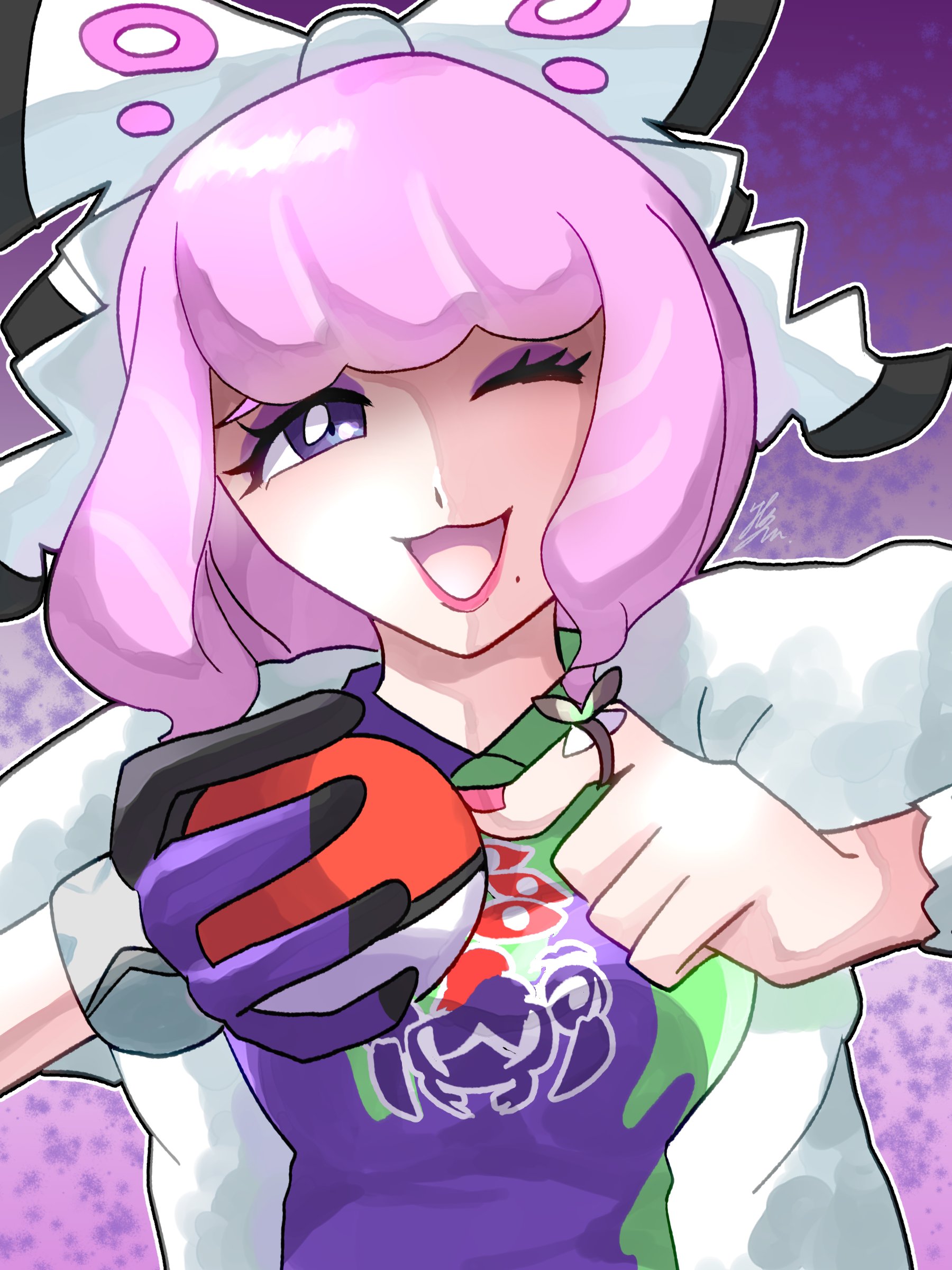 takanashi jun, klara (pokemon), nintendo, pokemon, pokemon swsh, absurdres, commentary request, highres, 1girl, bow, bracelet, breasts, collared shirt, drill hair, drill sidelocks, dynamax band, eyeshadow, flipped hair, fur jacket, hair bow, hairband, holding, holding poke ball, jacket, jewelry, makeup, medium breasts, mole, mole under mouth, one eye closed, open mouth, pink eyeshadow, pink hair, pink lips, pink nails, poke ball, poke ball (basic), print shirt, purple eyes, ring, shaded face, shirt, short hair, sidelocks, smile, solo, two-tone shirt, upper body, white bow, white hairband