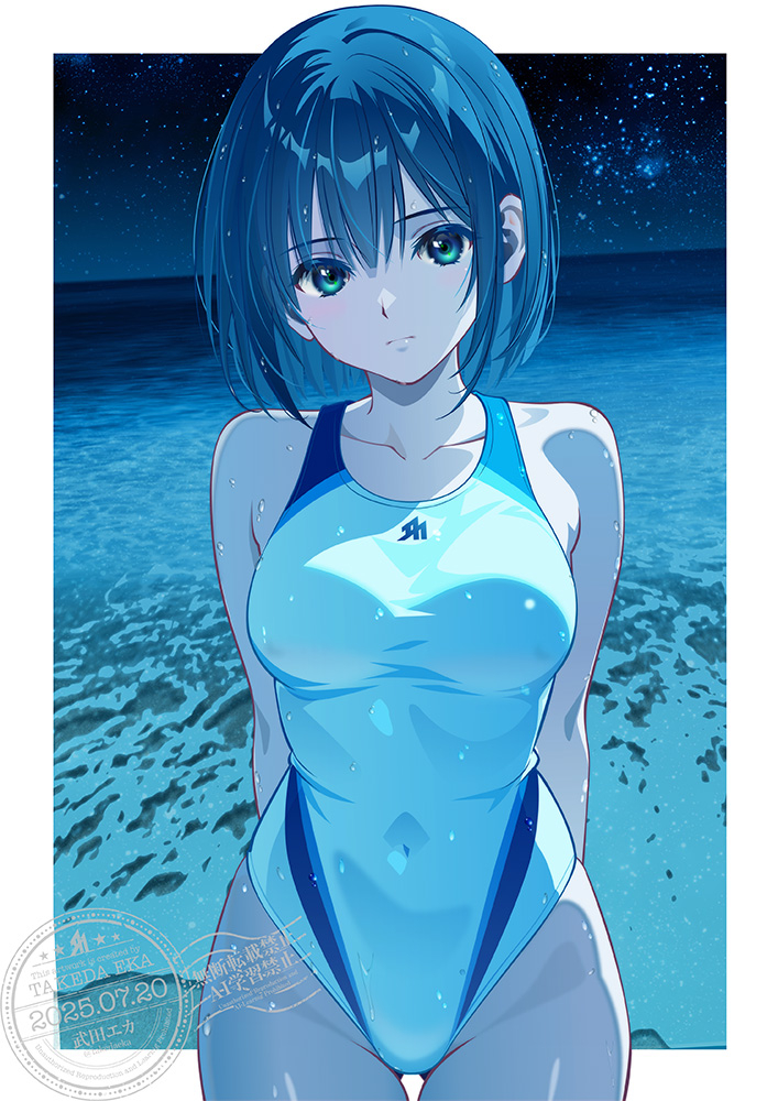 takeda eka, original, commentary, english commentary, 1girl, 2025, artist name, blue eyes, blue hair, blue theme, breasts, closed mouth, competition swimsuit, covered navel, dated, expressionless, groin, hair between eyes, large breasts, looking at viewer, ocean, one-piece swimsuit, short hair, sky, solo, star (sky), starry sky, swimsuit, wet, wet hair, white one-piece swimsuit