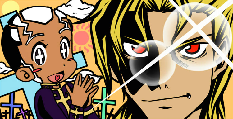 honchu, dio brando, enrico pucci, jojo no kimyou na bouken, tengen toppa gurren lagann, md5 mismatch, + +, 2boys, blonde hair, blush, blush stickers, cloud, cross, dark-skinned male, dark skin, eyecatch, fang, happy, heart, heart in mouth, lens flare, looking at viewer, male focus, multiple boys, open mouth, outdoors, parody, red eyes, short hair, style parody, sun, symbol-shaped pupils, very short hair, white hair