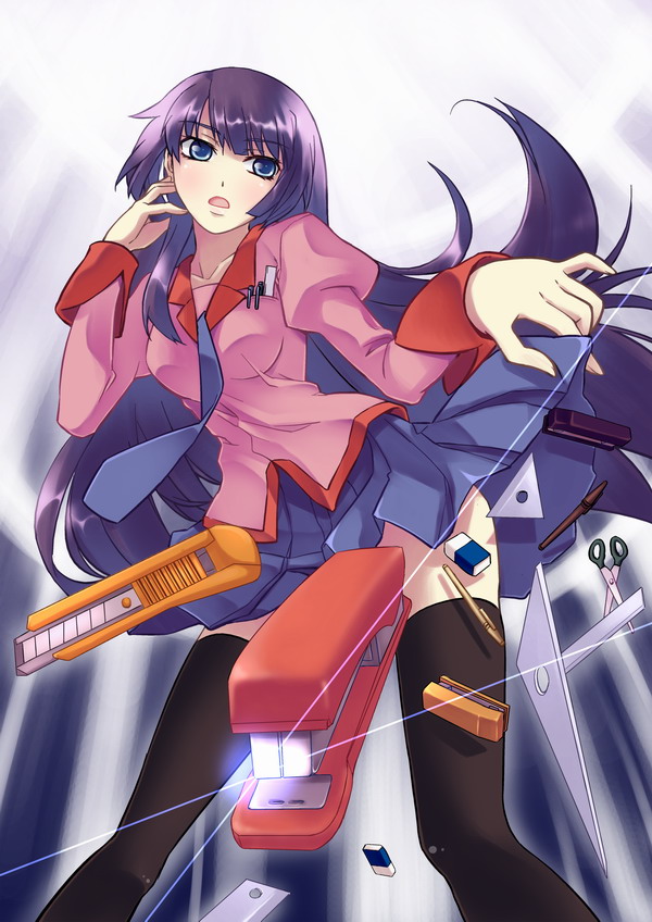 nekito, senjougahara hitagi, bakemonogatari, monogatari (series), bad id, bad pixiv id, 00s, blue eyes, boxcutter, clothes lift, legs, lips, long hair, open mouth, purple hair, school uniform, set square, skirt, skirt lift, solo, stapler, stationery, thighhighs, very long hair, zettai ryouiki
