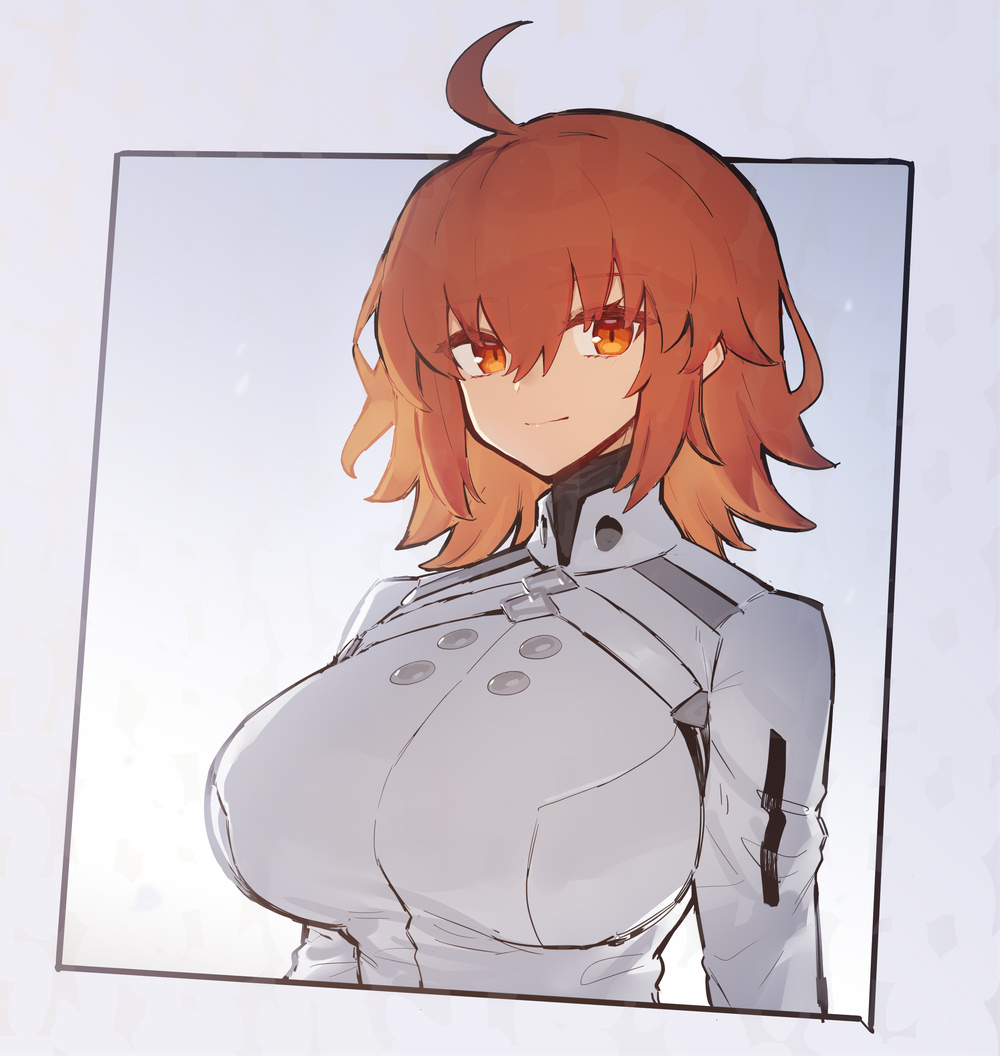 melon22, fujimaru ritsuka (female), fujimaru ritsuka (female) (decisive battle chaldea uniform), fate/grand order, fate (series), commentary request, 1girl, ahoge, alternate breast size (larger), breasts, chaldea logo, dress, jacket, long sleeves, looking at viewer, medium hair, orange eyes, orange hair, smile, white dress, white jacket