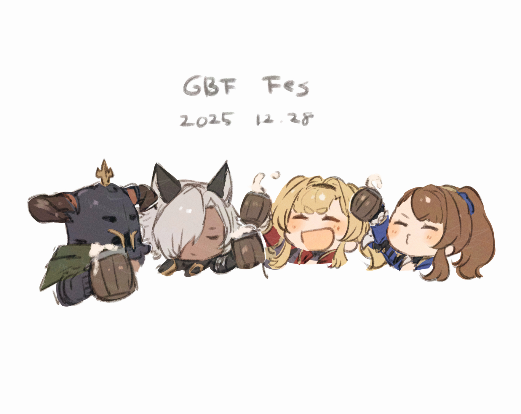hibana (hibana ztlv), eustace (granblue fantasy), vaseraga, zeta (granblue fantasy), granblue fantasy, highres, 2boys, 2girls, :3, :d, ^ ^, animal ears, beer mug, blonde hair, blush, brown hair, chibi, chibi only, closed eyes, cropped shoulders, cup, curled horns, dark-skinned male, dark skin, dated, erune, fake horns, hair over one eye, helmet, holding, holding cup, horned helmet, horns, mug, multiple boys, multiple girls, open mouth, simple background, smile, toasting (gesture), white background, white hair