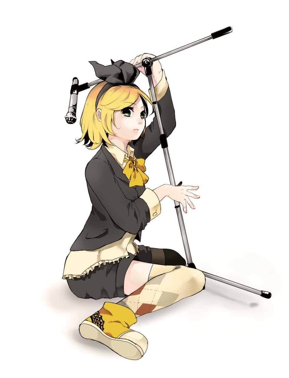 yama (piapro), yama (sumikarasu), kagamine rin, vocaloid, bad id, bad piapro id, bad pixiv id, highres, 1girl, aqua eyes, blonde hair, female focus, full body, gradient background, hair ribbon, lips, microphone, microphone stand, ribbon, shoes, short hair, shorts, simple background, sitting, solo, thighhighs, white background
