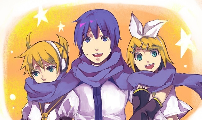 yama (piapro), yama (sumikarasu), kagamine len, kagamine rin, kaito (vocaloid), vocaloid, bad id, bad piapro id, 1girl, 2boys, aqua eyes, blonde hair, blue eyes, blue hair, blue scarf, hair ornament, hair ribbon, hairclip, headphones, multiple boys, ribbon, scarf, shared clothes, shared scarf, short hair, smile, sweatdrop