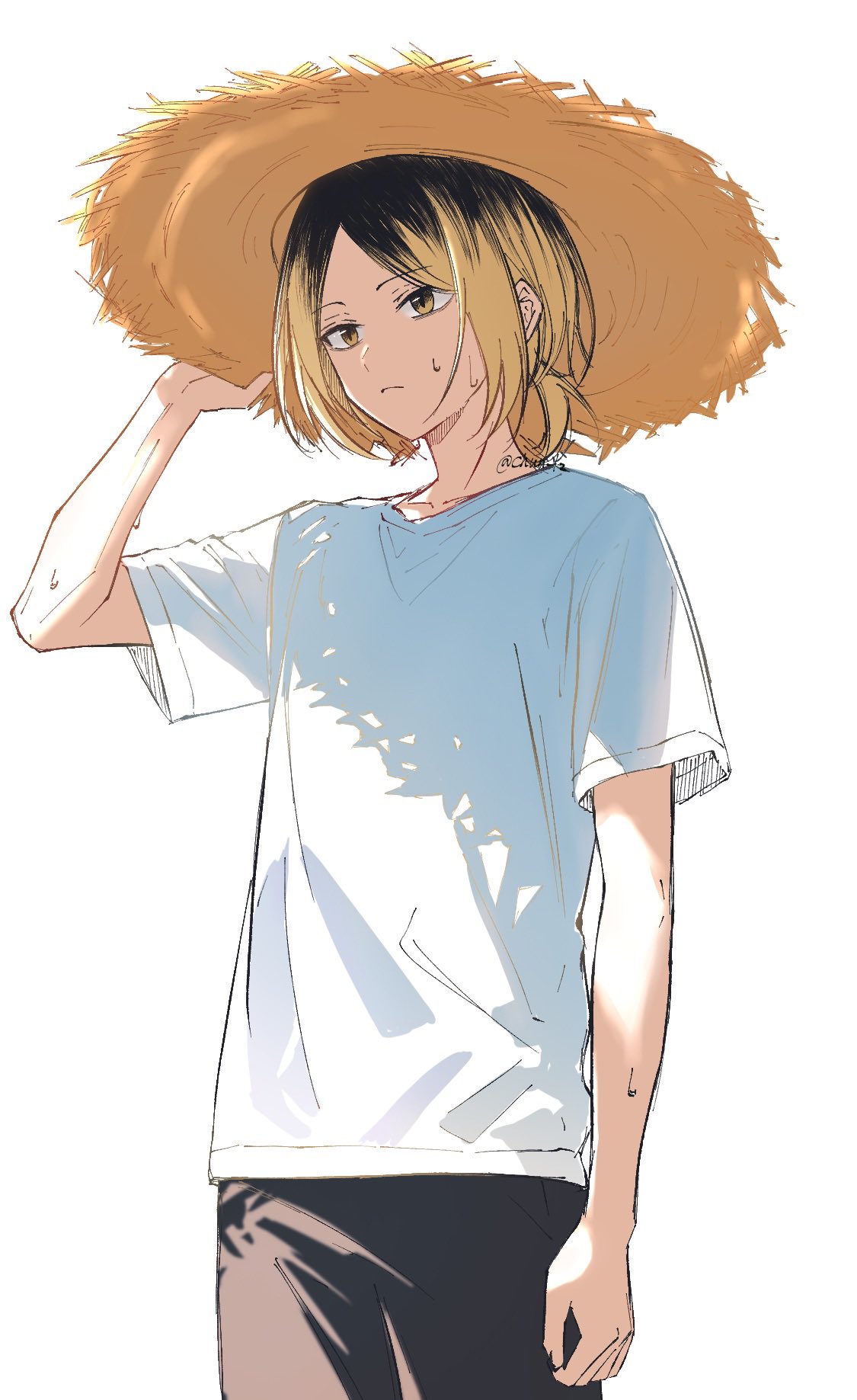 kozume kenma, haikyuu!!, commentary request, highres, 1boy, black hair, black pants, blonde hair, chun lz, closed mouth, collarbone, hat, male focus, multicolored hair, pants, roots (hair), shirt, short hair, simple background, solo, straw hat, sunlight, sweat, two-tone hair, white background, white shirt