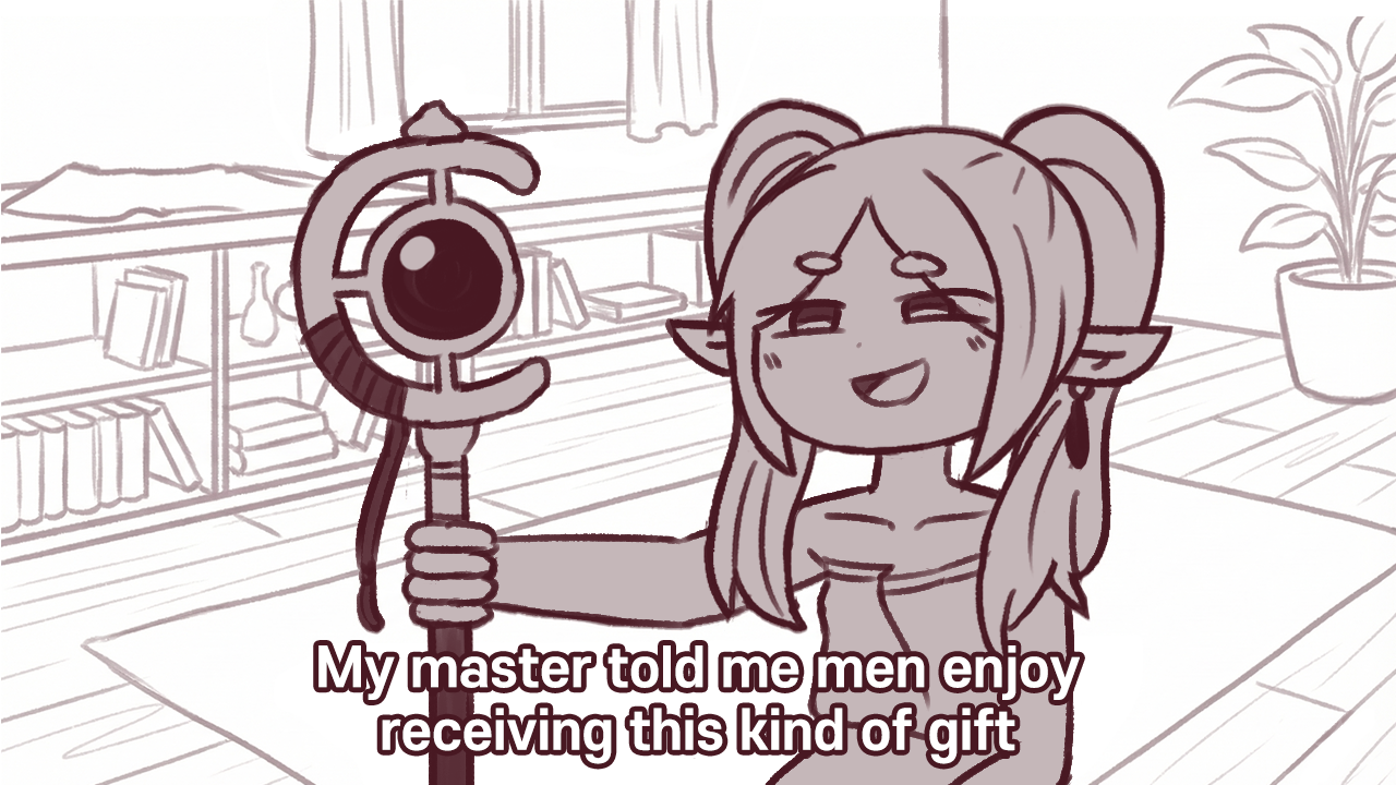 def fault, frieren, sousou no frieren, commentary, english commentary, 1girl, :d, book, bookshelf, carpet, elf, english text, hair over shoulder, half-closed eyes, holding, holding staff, indoors, long pointy ears, mage staff, meme, monochrome, open mouth, outstretched arm, parted bangs, plant, pointy ears, potted plant, smile, smug, solo, staff, thick eyebrows, you can just give this kind of thing to men and they will be thrilled (meme)