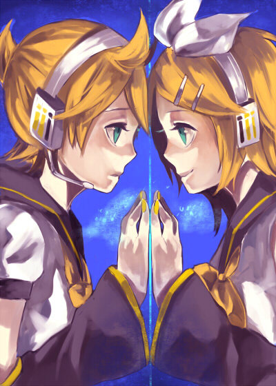 yama (piapro), yama (sumikarasu), kagamine len, kagamine rin, vocaloid, bad id, bad piapro id, bad pixiv id, 1boy, 1girl, aqua eyes, blonde hair, brother and sister, hair ornament, hair ribbon, hairclip, headphones, headset, ribbon, short hair, siblings, smile, symmetrical hand pose, twins