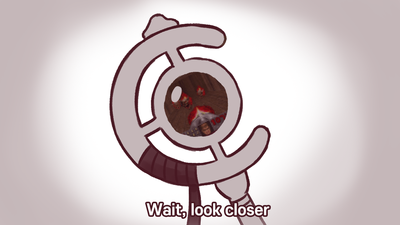 def fault, doom (series), doom i, sousou no frieren, commentary, english commentary, english text, game screenshot inset, gradient background, mage staff, object focus, screenshot inset, simple background, staff