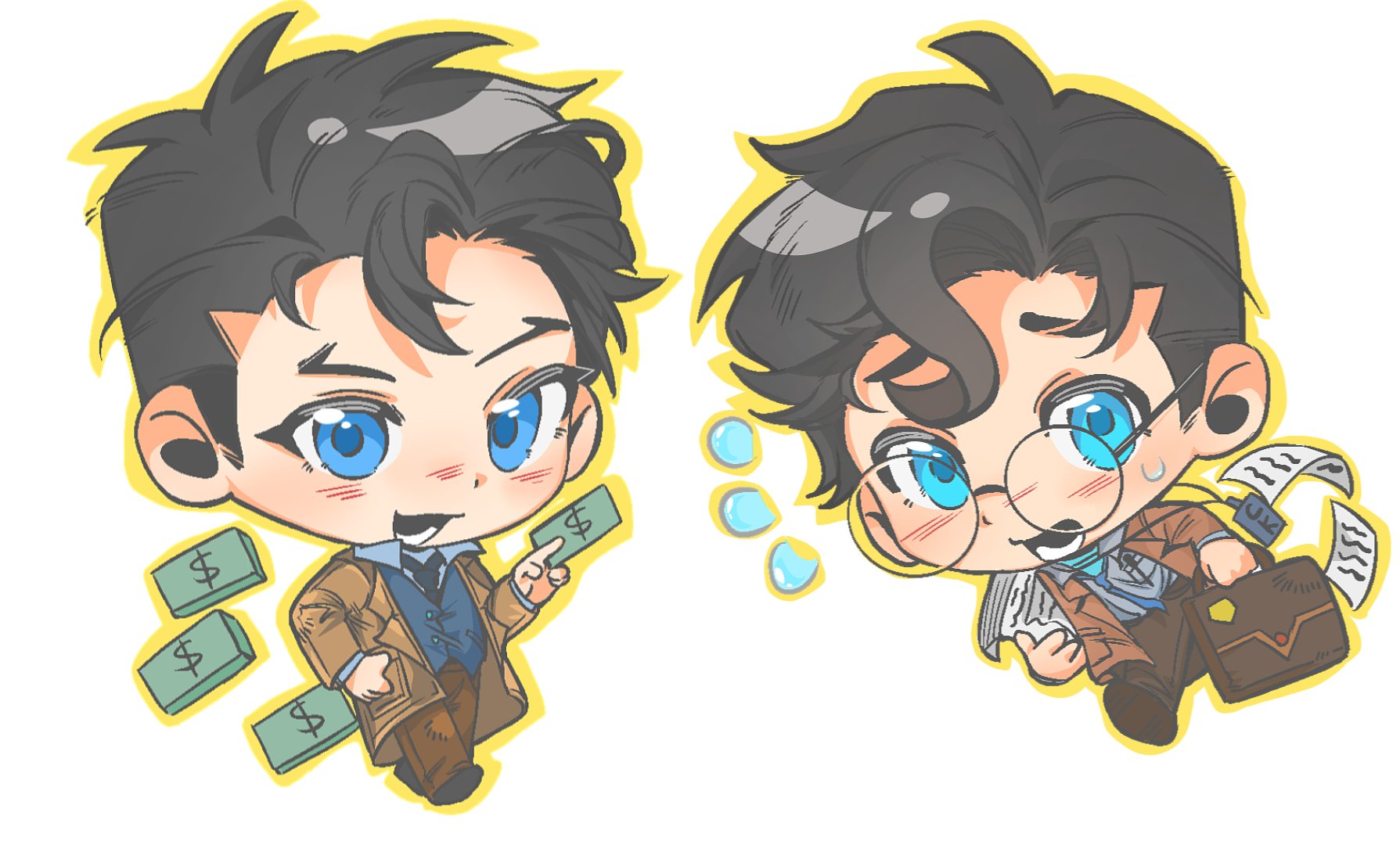 bruce wayne, clark kent, batman (series), dc comics, superman (series), hashtag-only commentary, highres, 2boys, banknote, black hair, black necktie, black shoes, blue eyes, blue vest, blush, brown coat, brown jacket, brown pants, chibi, chibi only, cmcywxhugiwf8k5, coat, dollar bill, forked eyebrows, full body, glasses, holding, holding money, holding suitcase, jacket, lapels, looking at viewer, lower teeth only, male focus, money, multiple boys, necktie, nervous sweating, notched lapels, open mouth, pants, paper, parted hair, rimless eyewear, round eyewear, shoes, short hair, suitcase, sweat, teeth, vest