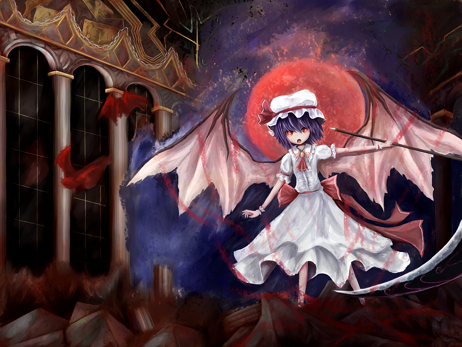 shippu man, shippu man (artist), remilia scarlet, touhou, 1girl, bat (animal), bat wings, chain, female focus, hat, moon, purple hair, red eyes, red moon, ruins, scythe, solo, window, wings, wrist cuffs