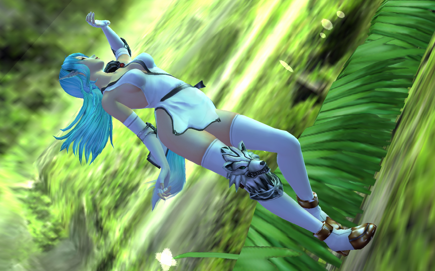 viara, yusya digital, highres, 1girl, 3d, animal ears, blue hair, breasts, elbow gloves, elf, female focus, from below, full body, gloves, long hair, outdoors, plant, pointy ears, solo, standing, tail, thighhighs