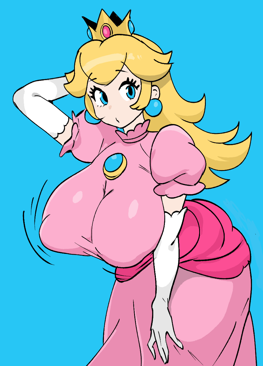 drawfag, princess peach, mario (series), nintendo, highres, 1girl, arm behind head, blonde hair, blue eyes, breasts, covered erect nipples, dress, gloves, hand on lap, hand on own leg, hand on own thigh, large breasts, leaning forward, legs, long hair, princess, puckered lips, solo, thighs