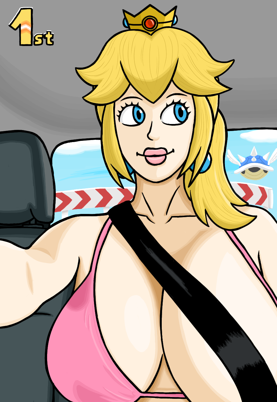 princess peach, mario (series), mario kart, nintendo, highres, 1girl, averting eyes, bikini, blonde hair, blue eyes, blue shell (mario), breasts, convenient censoring, driving, gameplay mechanics, large breasts, long hair, one breast out, pink bikini, pink lips, ponytail, princess, smile, solo, swimsuit, teasing