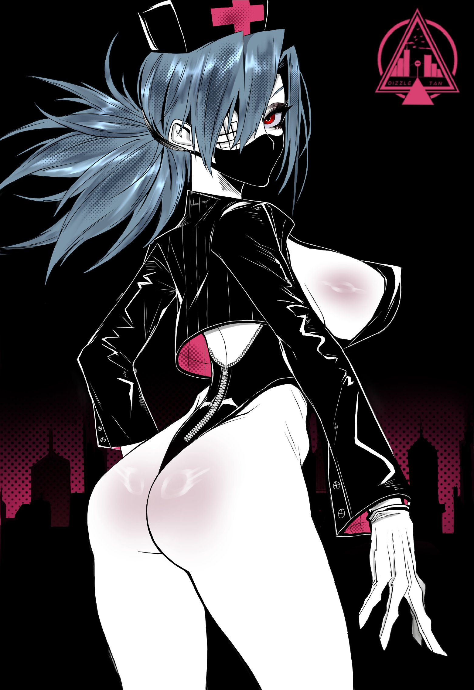 dizzle, valentine (skullgirls), skullgirls, highres, 1girl, alternate costume, ass, black background, blue hair, breasts, cityscape, cowboy shot, cropped jacket, eyepatch, gloves, gradient background, hair over one eye, hat, large breasts, leotard, looking at viewer, looking back, mask, medical eyepatch, mouth mask, nurse cap, ponytail, red eyes, sideboob, solo, surgical mask, zipper