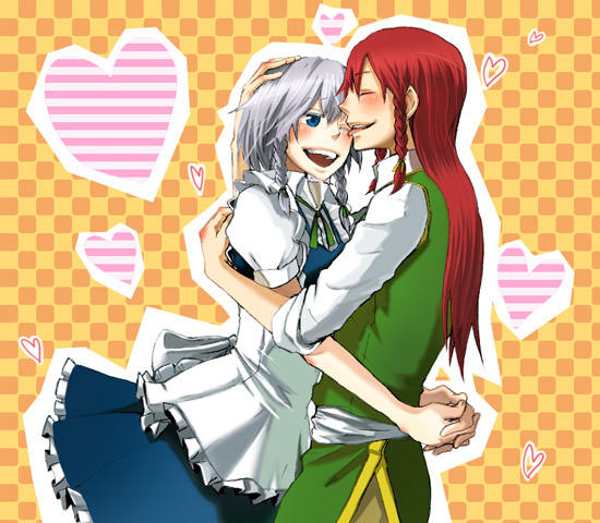 kyouno, hong meiling, izayoi sakuya, embodiment of scarlet devil, touhou, 2girls, blue eyes, braid, checkered background, china dress, chinese clothes, closed eyes, dress, female focus, heart, licking, maid, multiple girls, one eye closed, red hair, tongue, twin braids, white hair, yuri