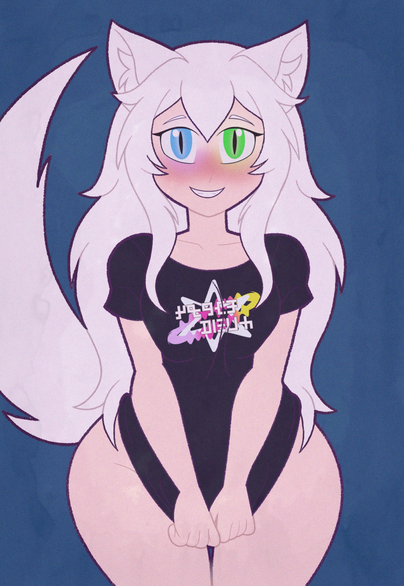 kinggargantuas, original, commentary, commission, english commentary, highres, variant set, 1girl, breasts, collarbone, heterochromia, long hair, looking at viewer, no panties, no pants, open mouth, print shirt, shirt, short sleeves, smile, solo, thick thighs, thighs, very long hair, ych commission