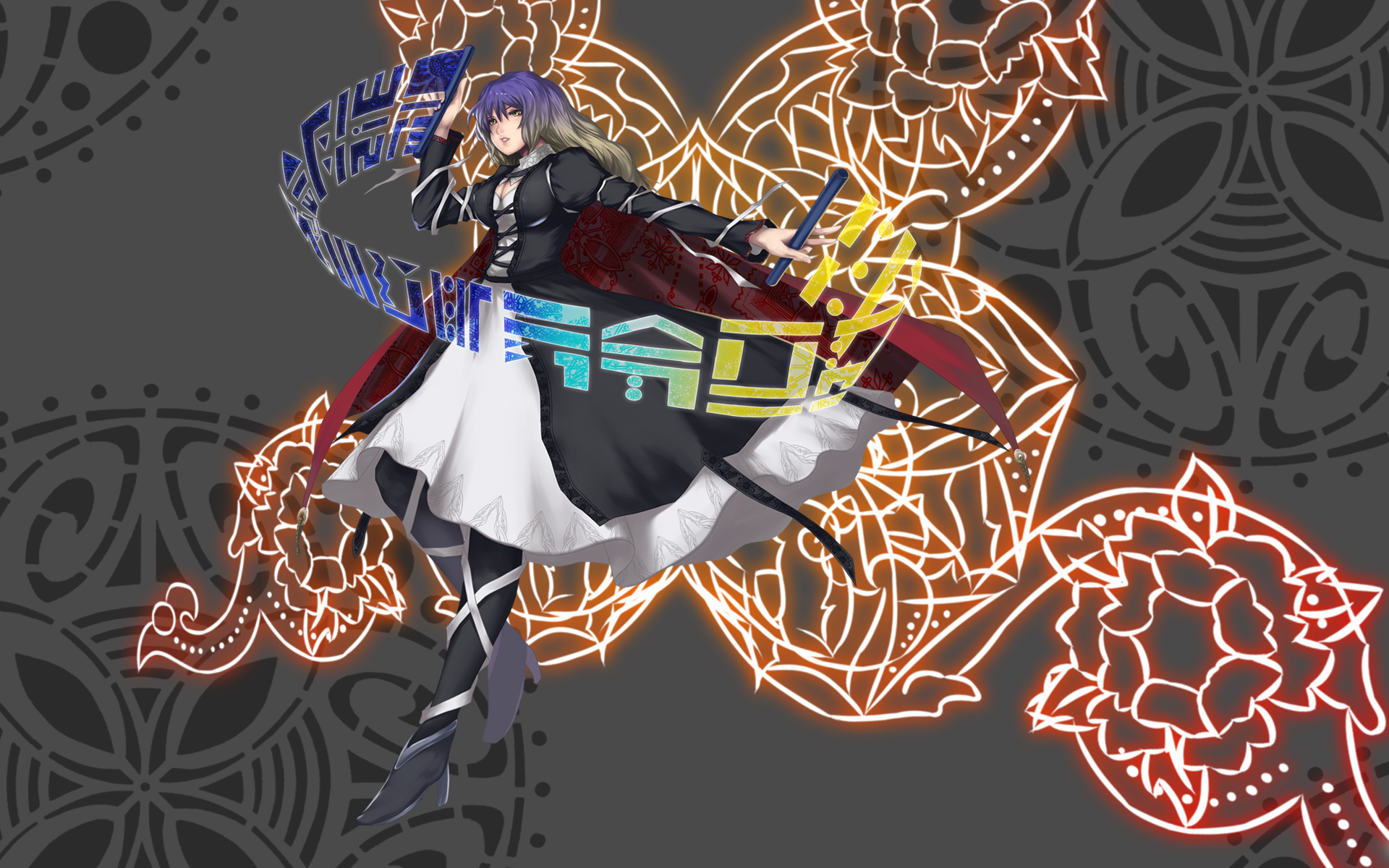 muchakushoku, hijiri byakuren, touhou, highres, 1girl, cape, dress, female focus, gradient hair, long hair, multicolored hair, solo, sorcerer's sutra scroll, yellow eyes