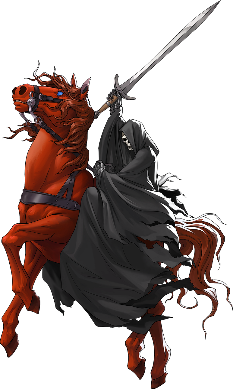red rider (megami tensei), persona, persona 5, persona 5: the phantom x, shin megami tensei, artist request, highres, official art, third-party source, 1boy, black robe, blue eyes, demon (megami tensei), gauntlets, holding, holding sword, holding weapon, hooded robe, horse, horseback riding, red horse, riding, robe, skull, sword, transparent background, weapon