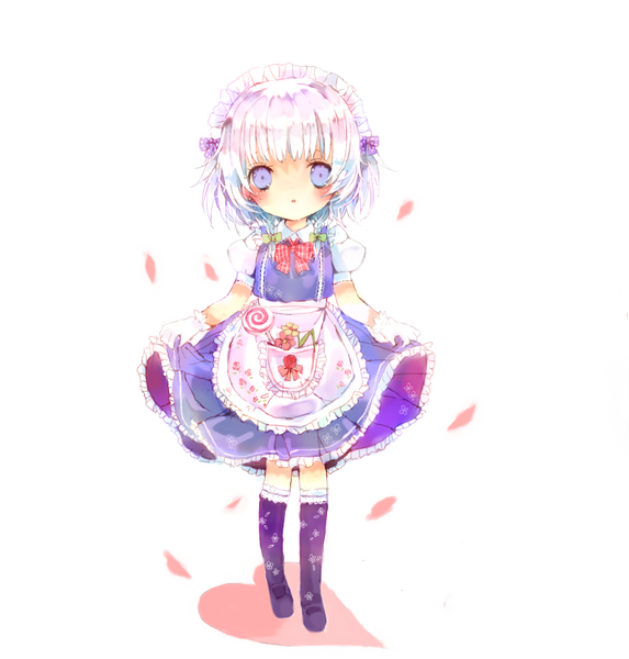 kohina, izayoi sakuya, touhou, 1girl, blue eyes, child, dress, female focus, flower, full body, gloves, maid, solo, standing, white background, white hair