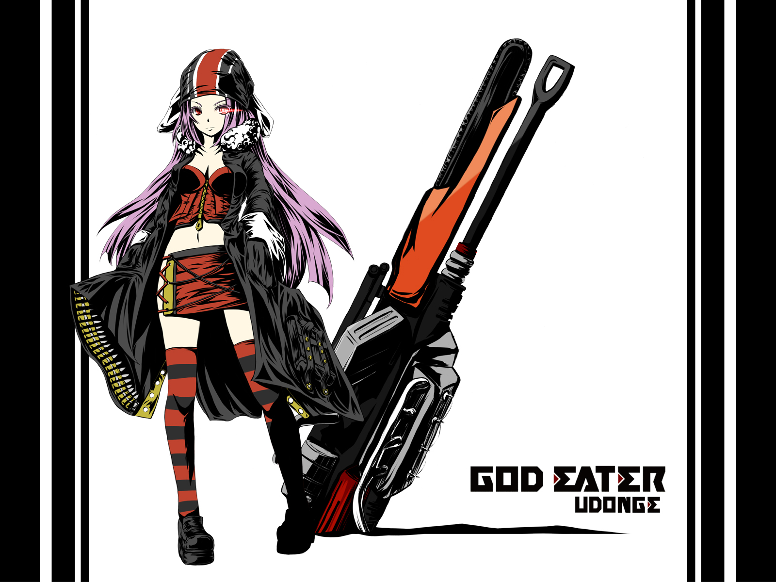 r0g0b0, reisen udongein inaba, god eater, god eater burst, touhou, bad id, bad pixiv id, highres, 10s, 1girl, alternate costume, animal ears, female focus, hat, long hair, purple hair, rabbit ears, red eyes, solo, thighhighs