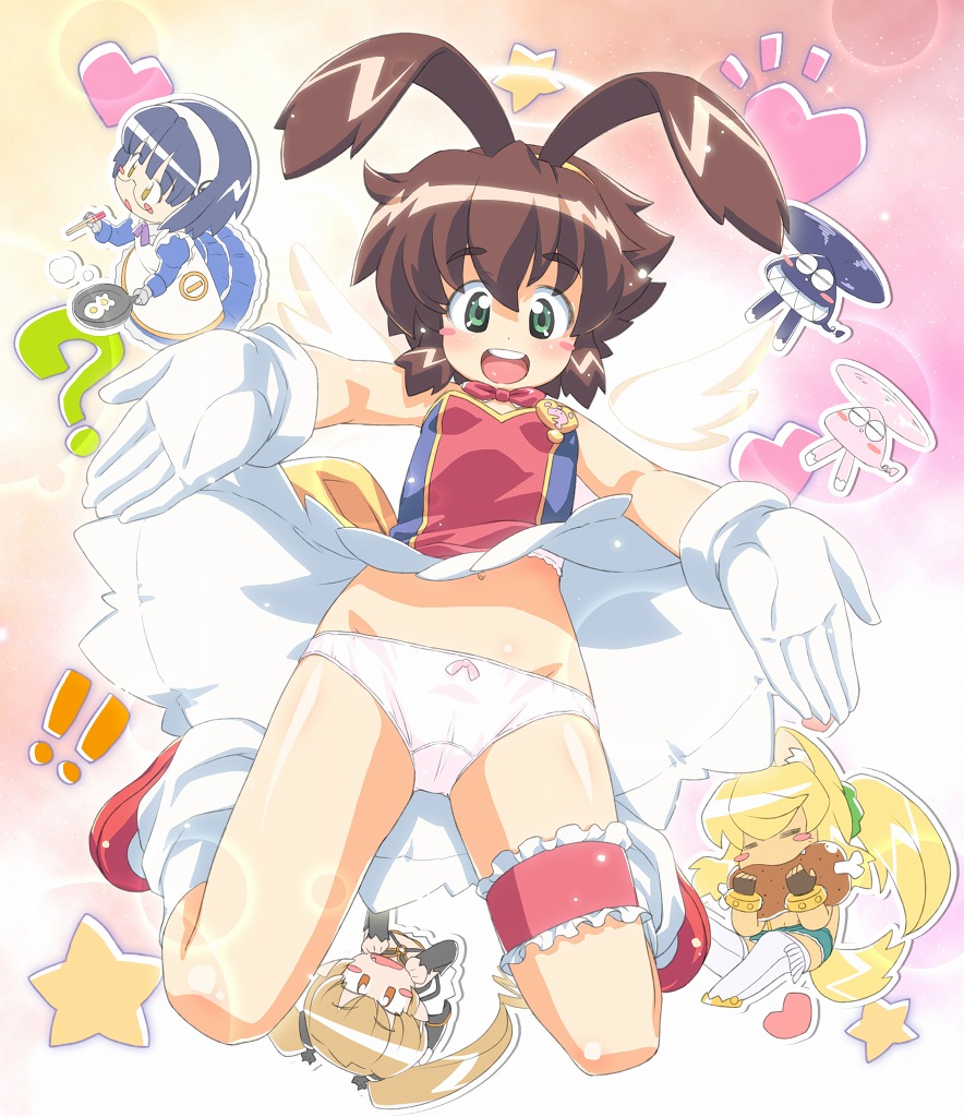 hiro hiroki, aiko (magipoka), jun (magipoka), liru, pachira, tan (magipoka), yuuma (magipoka), renkin san-kyuu magical pokaan, 4girls, ?, animal ears, antenna hair, blonde hair, blue hair, blush stickers, boned meat, bow, bow panties, brown eyes, brown hair, cameltoe, chibi, chopsticks, clothes lift, denim, denim shorts, dress, dress lift, eating, egg, food, frilled thigh strap, frying pan, gloves, green eyes, hairband, heart, loli, meat, multiple girls, panties, pantyshot, ponytail, shorts, star (symbol), tail, thigh strap, thighhighs, twintails, underwear, wolf ears, wolf tail, yellow eyes