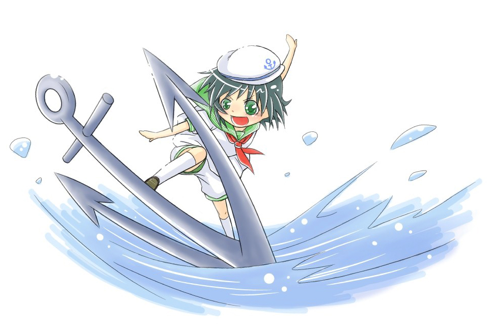 viva!!, murasa minamitsu, touhou, 1girl, anchor, black hair, female focus, green eyes, hat, sailor, sailor hat, short hair, solo, surfing