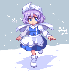 kou 2008, letty whiterock, touhou, bad id, bad pixiv id, lowres, 1girl, blue eyes, cape, female focus, full body, hat, outdoors, pixel art, purple hair, sky, snow, snowflakes, solo