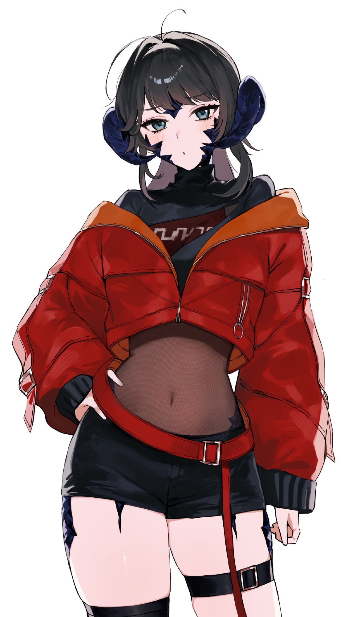 nns ff14, warrior of light (ff14), final fantasy, final fantasy xiv, commentary request, highres, 1girl, asymmetrical legwear, au ra, belt, black hair, black shirt, black shorts, blue eyes, bodystocking, breasts, covered navel, cropped jacket, dragon horns, eyebrows hidden by hair, hand on own hip, horns, light blush, long hair, looking at viewer, open mouth, shirt, short shorts, shorts, simple background, small breasts, solo, thigh belt, thigh strap, white background