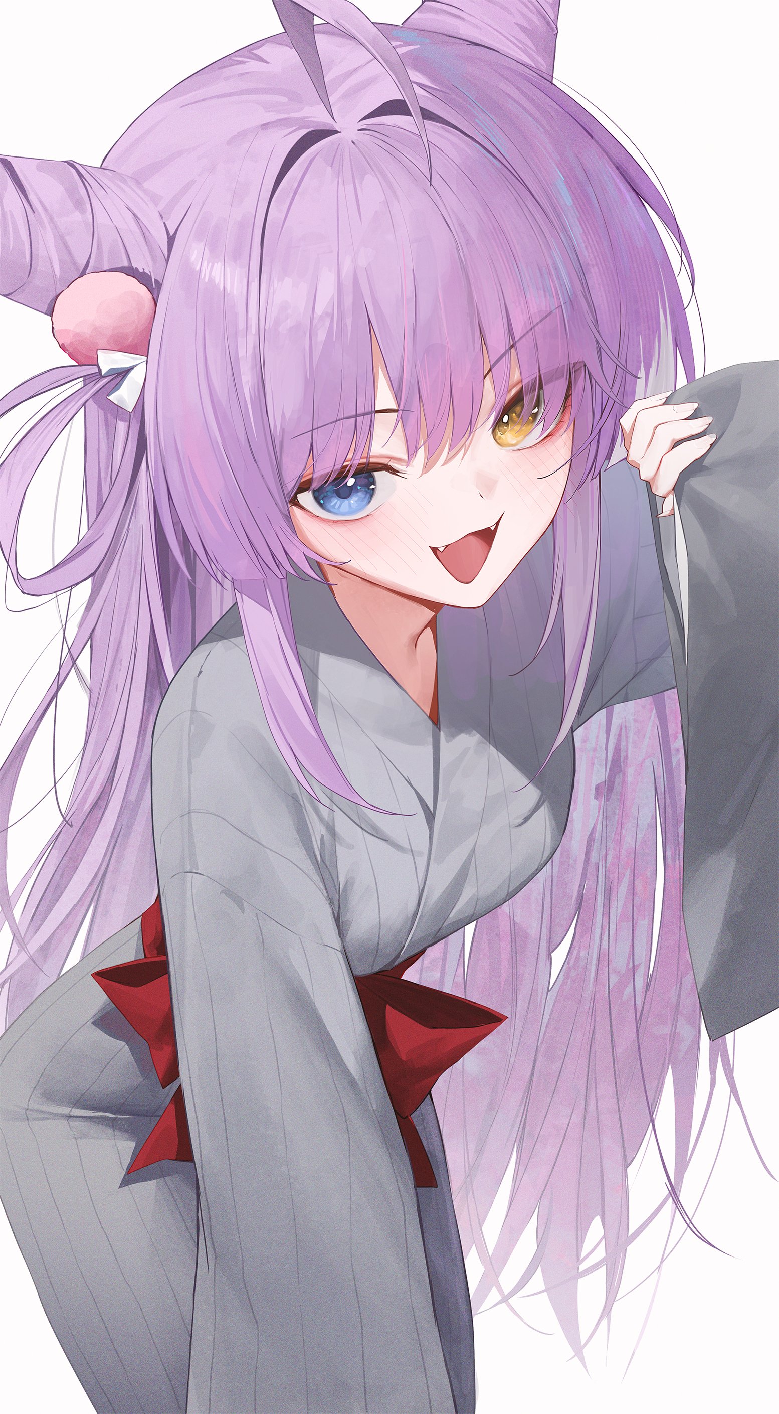 huhi (huhi 1211), tenko shibuki, stellive, absurdres, hashtag-only commentary, highres, 1girl, ahoge, blue eyes, cowboy shot, fangs, grey kimono, hair ornament, hair rings, hand up, heterochromia, indoors, japanese clothes, kimono, leaning forward, long hair, long sleeves, looking at viewer, open mouth, pom pom (clothes), pom pom hair ornament, purple hair, simple background, smile, solo, standing, virtual youtuber, white background, wispy bangs, yellow eyes