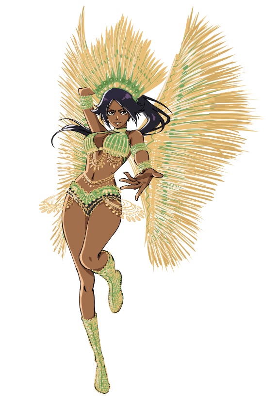 nekoranten, shihouin yoruichi, bleach, 1girl, bare shoulders, boots, breasts, dark-skinned female, dark skin, female focus, full body, hair ornament, jewelry, knee boots, large breasts, long hair, looking at viewer, midriff, parted bangs, ponytail, purple hair, simple background, white background, yellow eyes