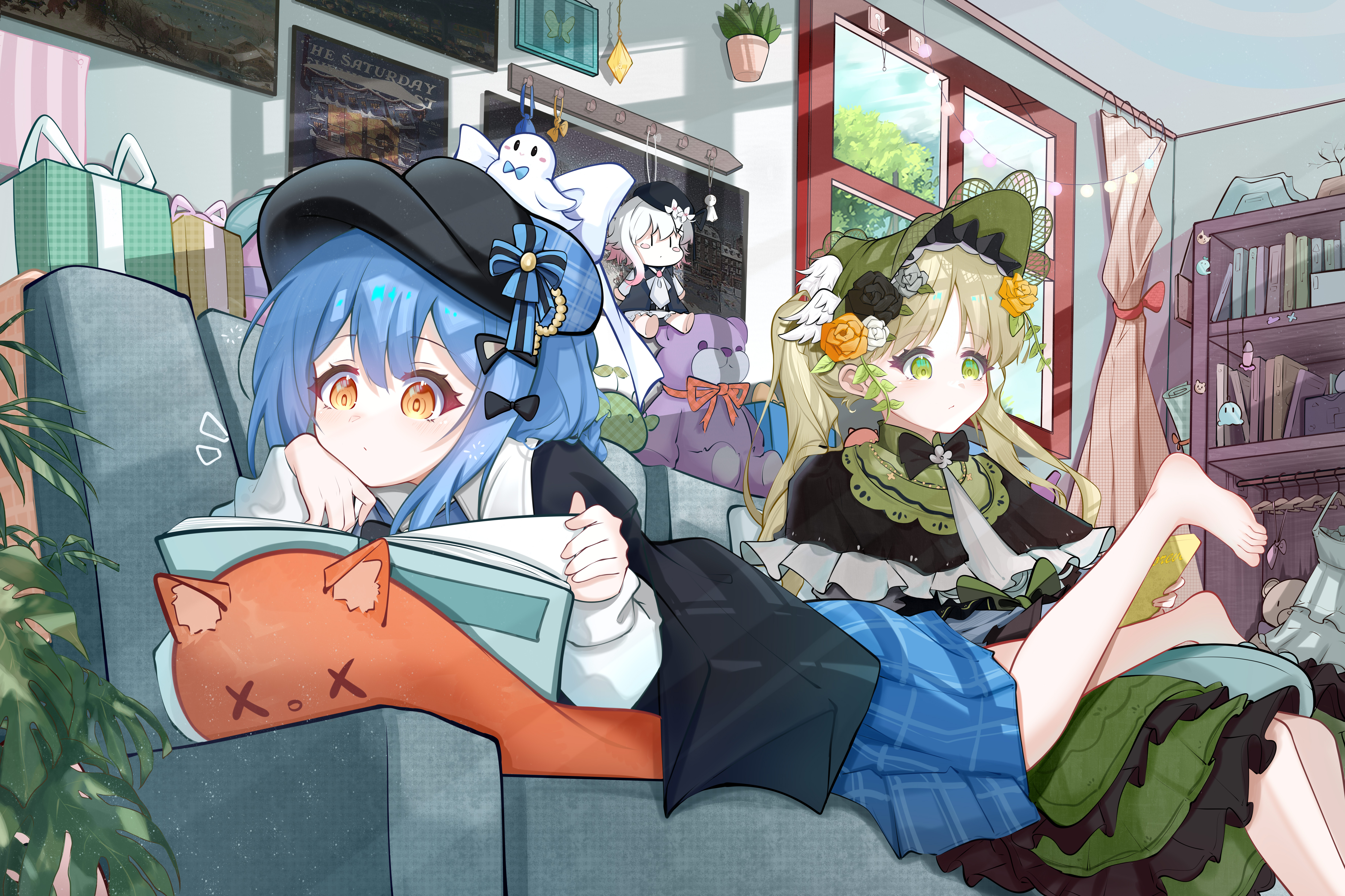 tachibana sherry, tono hanna, mahou shoujo no majo saiban, absurdres, commentary request, highres, 2girls, absurdly detailed composition, banbanban li, barefoot, black capelet, black hat, blue hair, book, bookshelf, box, calendar (object), capelet, checkered clothes, checkered skirt, dress, frilled dress, frills, full body, gift, gift box, green eyes, green hair, green hat, hair between eyes, hat, holding, holding book, loaded interior, long hair, lying, medium hair, multiple girls, on person, on stomach, orange eyes, plant, poster (object), potted plant, reading, skirt, stuffed animal, stuffed cat, stuffed toy, teddy bear, twintails, victorian, window, yuri