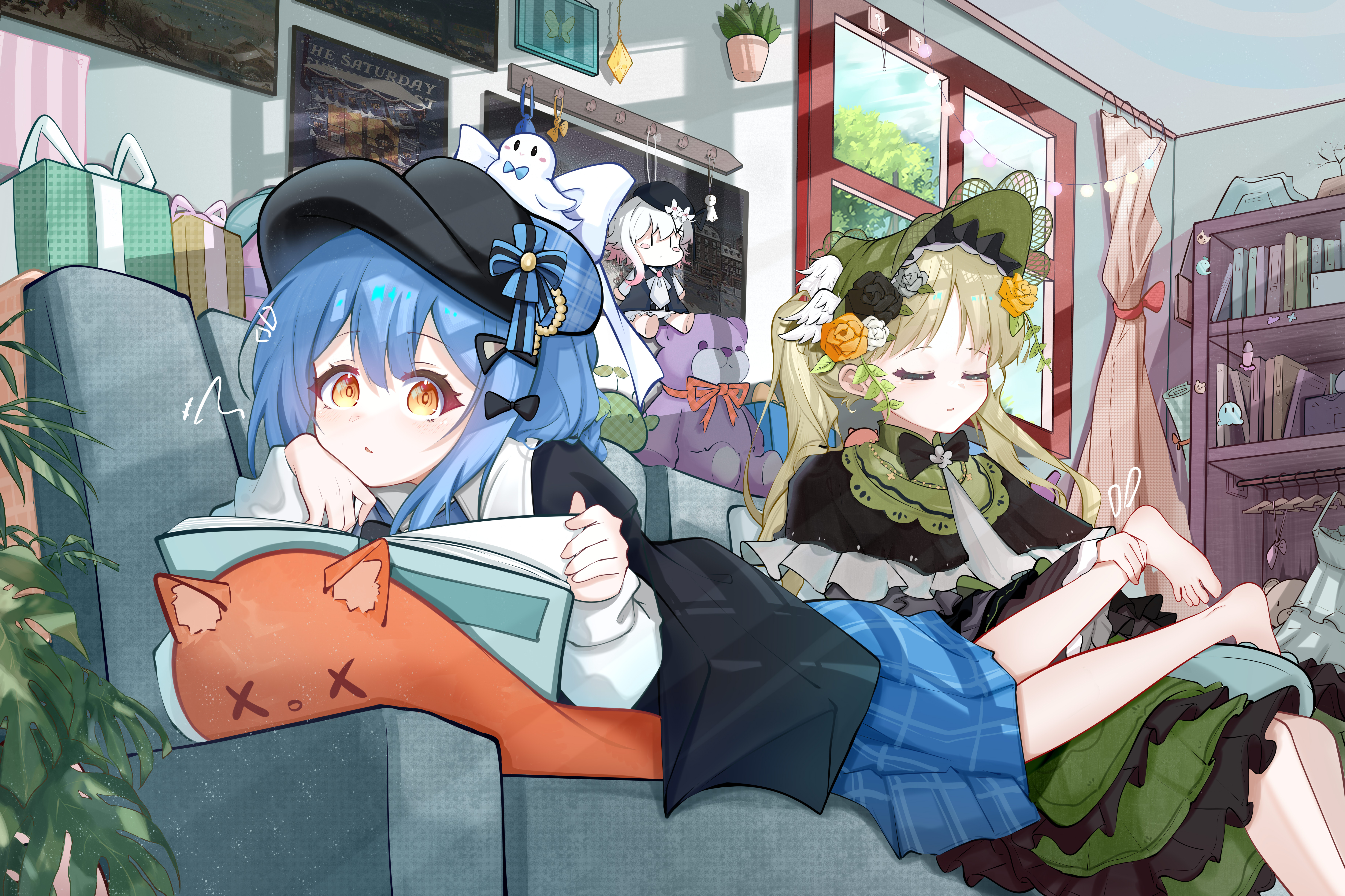 tachibana sherry, tono hanna, mahou shoujo no majo saiban, absurdres, commentary request, highres, 2girls, absurdly detailed composition, ankle grab, banbanban li, barefoot, black capelet, black hat, blue hair, book, bookshelf, box, calendar (object), capelet, checkered clothes, checkered skirt, closed eyes, dress, frilled dress, frills, full body, gift, gift box, green hair, green hat, hair between eyes, hat, holding, holding book, loaded interior, long hair, lying, medium hair, multiple girls, on person, on stomach, orange eyes, plant, poster (object), potted plant, skirt, stuffed animal, stuffed cat, stuffed toy, teddy bear, twintails, victorian, window