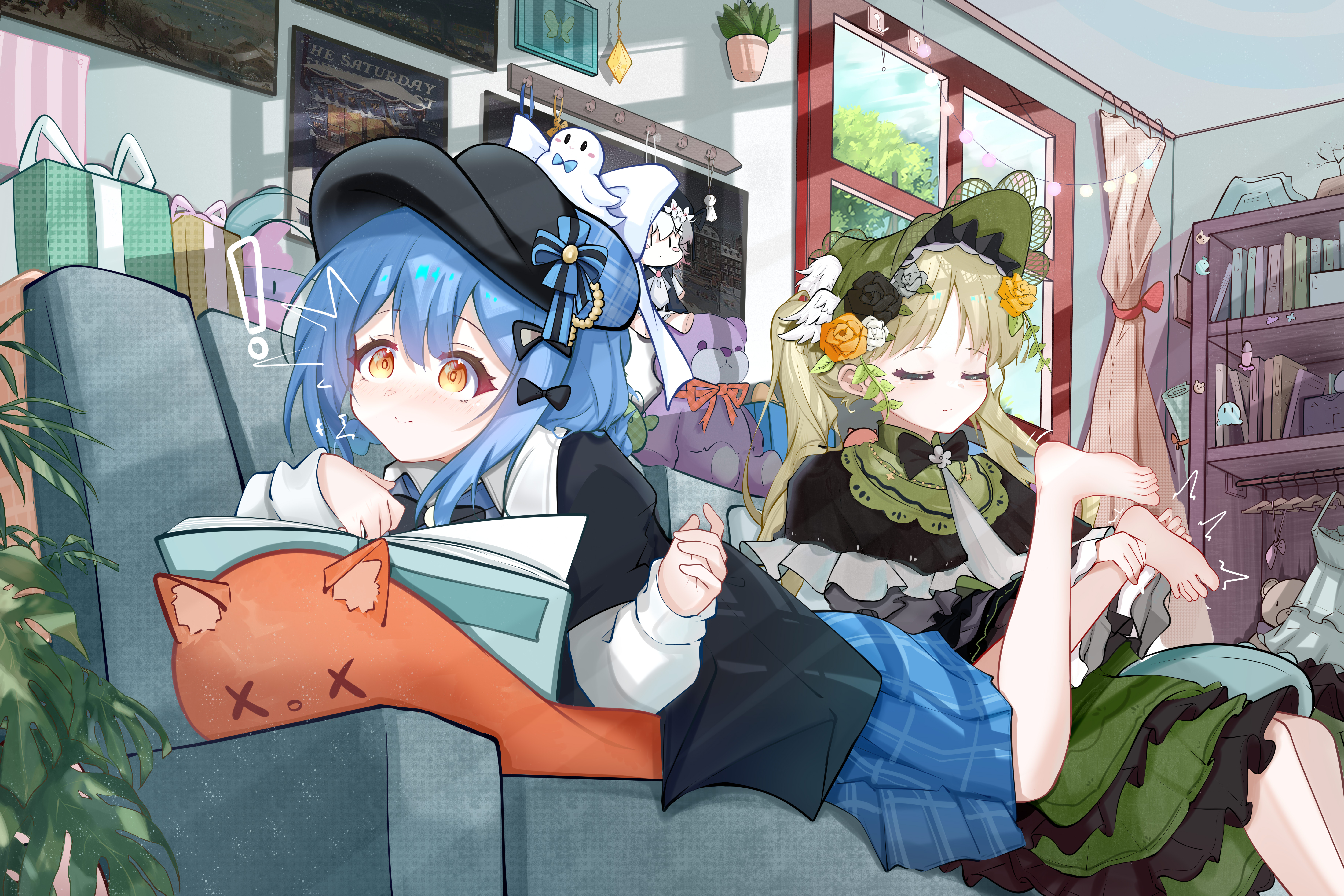 tachibana sherry, tono hanna, mahou shoujo no majo saiban, absurdres, commentary request, highres, !, 2girls, absurdly detailed composition, banbanban li, barefoot, black capelet, black hat, blue hair, bookshelf, box, calendar (object), capelet, checkered clothes, checkered skirt, closed eyes, dress, frilled dress, frills, full body, gift, gift box, green hair, green hat, hair between eyes, hat, loaded interior, long hair, lying, medium hair, multiple girls, on person, on stomach, orange eyes, plant, poster (object), potted plant, skirt, stuffed animal, stuffed cat, stuffed toy, surprised, teddy bear, tickling, tickling feet, twintails, victorian, window