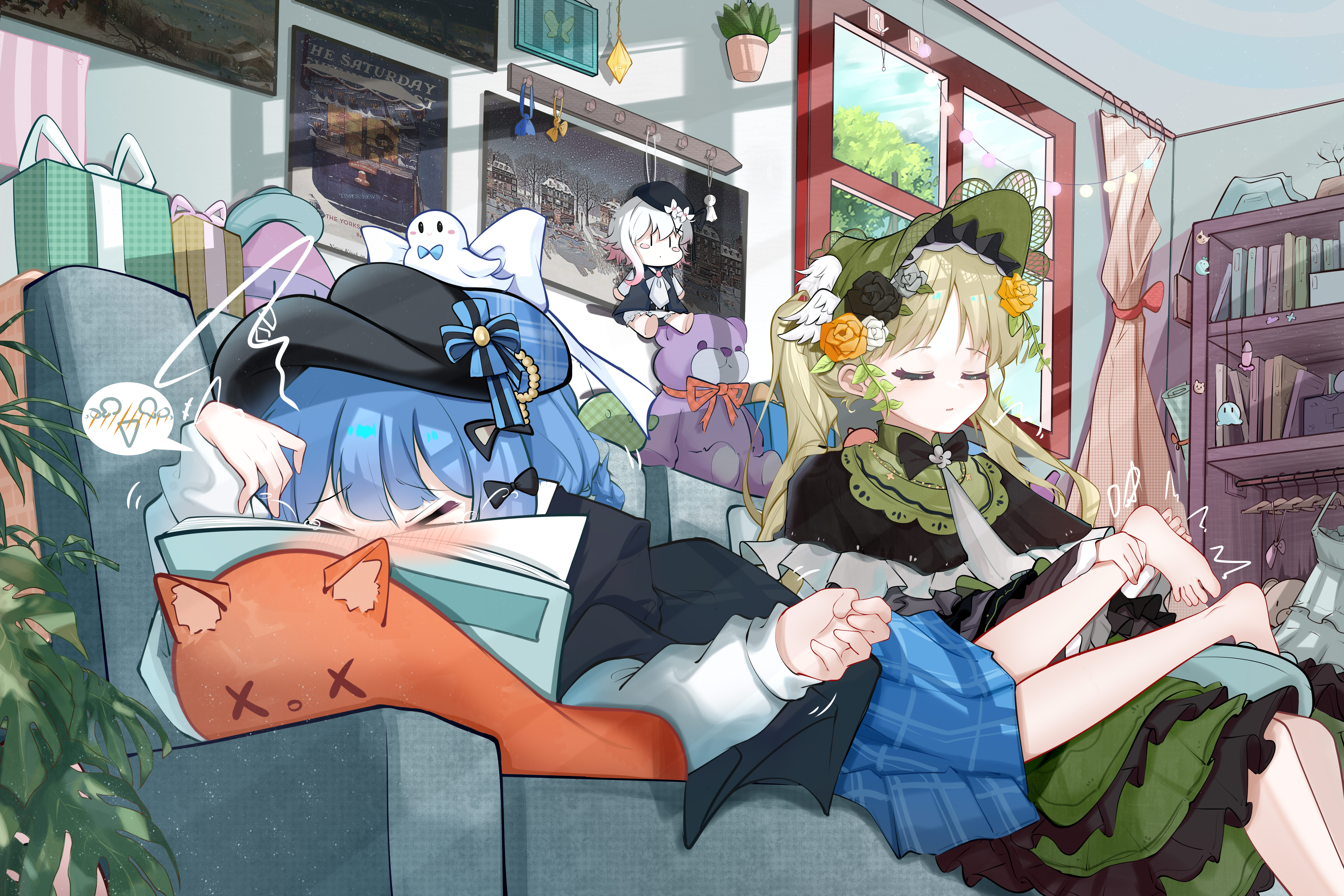 tachibana sherry, tono hanna, mahou shoujo no majo saiban, absurdres, commentary request, highres, 2girls, absurdly detailed composition, banbanban li, barefoot, black capelet, black hat, blue hair, bookshelf, box, calendar (object), capelet, checkered clothes, checkered skirt, closed eyes, crying, dress, frilled dress, frills, full body, gift, gift box, green hair, green hat, hair between eyes, hat, loaded interior, long hair, lying, medium hair, multiple girls, on person, on stomach, plant, poster (object), potted plant, skirt, spoken blush, stuffed animal, stuffed cat, stuffed toy, teddy bear, tickling, tickling feet, twintails, victorian, window, yuri